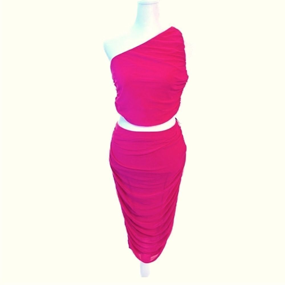 House Of Harlow‎ 1960 2 Piece MIDI Skirt & Top Set Ruched Stretch Mesh sz xs